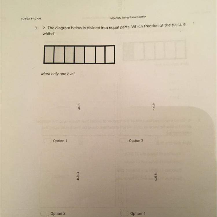 3. 2. The diagram below is divided into equal parts. Which fraction of the parts is-example-1