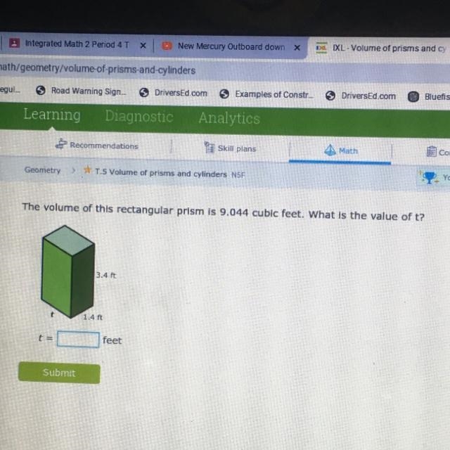 The volume of this rectangular prism is 9.044 cubic feet. What is the value of t?-example-1