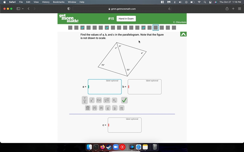 Please Help asap Find the value of a, b, and c, in the parllelogram.-example-1