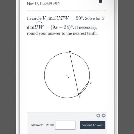 In a circle v, UTw =50 solve for X . If mUW= (9x-34)-example-1