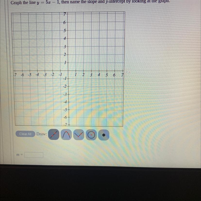 Graph the line y = 5x – 1, then name the slope and y-intercept by looking at the graph-example-1