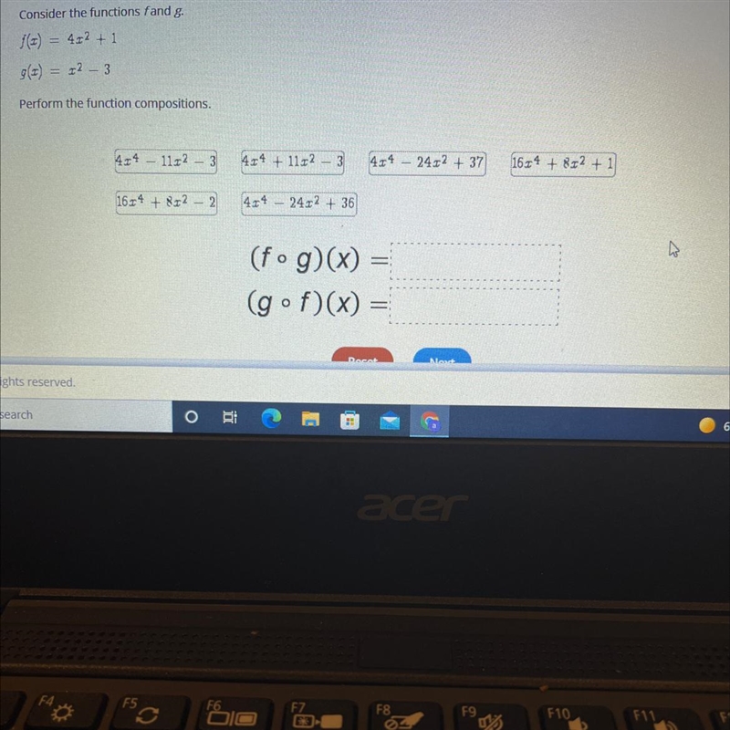 Consider the function f and g f(x)= 4x^2 + 1 g(x) x^2-3 perform the function composition-example-1