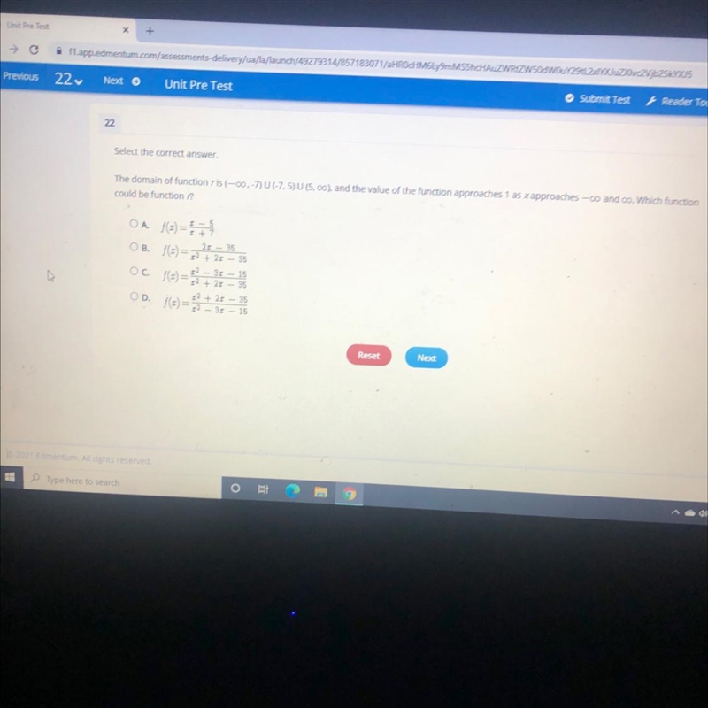 22Select the correct answer.The domain of function ris(-00,-7) (-7.5) U (5.00), and-example-1