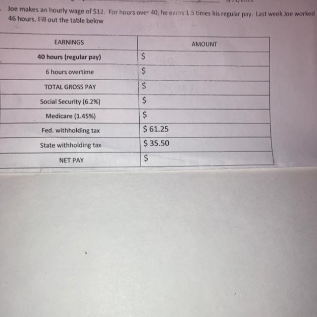 Joey makes an hourly wage of $12. For hours over 40, he earns 1.5 times his regular-example-1