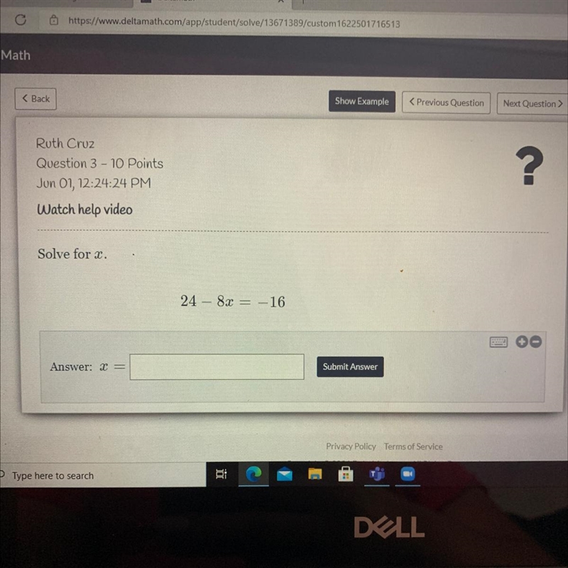 Solve for x.24 - 8x = -16Answer: XSubmit AnswerPrivacy Policy Terms of Service-example-1