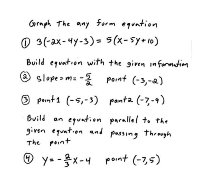 Graph The any form equation 3(-2x-4y-3) = 5(x - 5y + 10) Build equation with the given-example-1