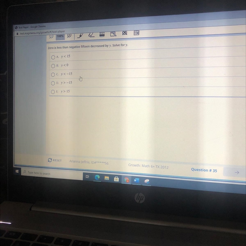 Zero is less than negative fifteen decreased by y. solve for y-example-1