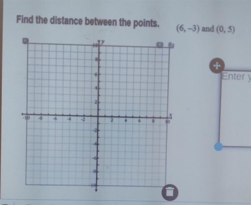 Find the distance between the points. (6,-3) and (0,5) 40) draw the triangle-example-1