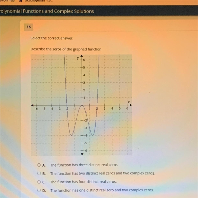 Select the correct answer. Describes the zeros of the graphed function.-example-1