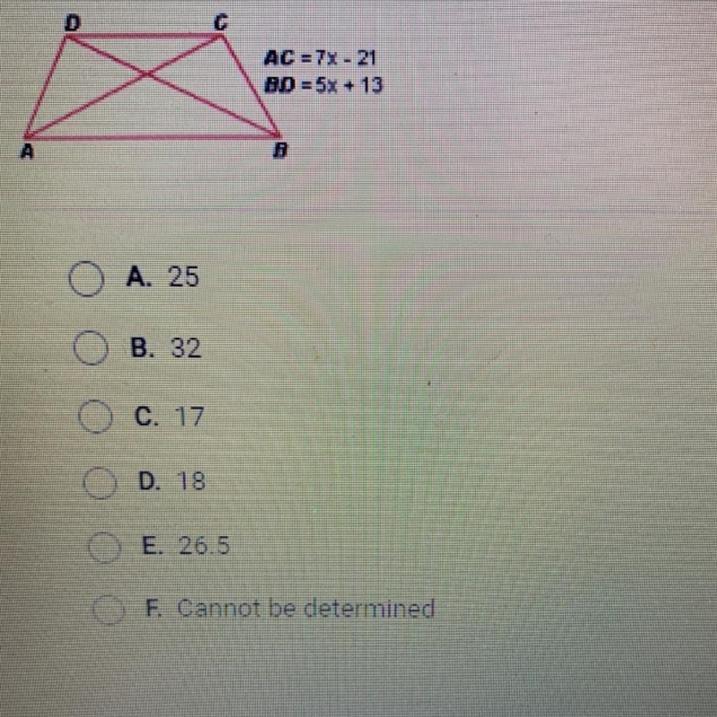 If ABCD is an isosceles trapezoid, what is the value of X?DсAC = 7% - 21BD = 5x + 13ABO-example-1