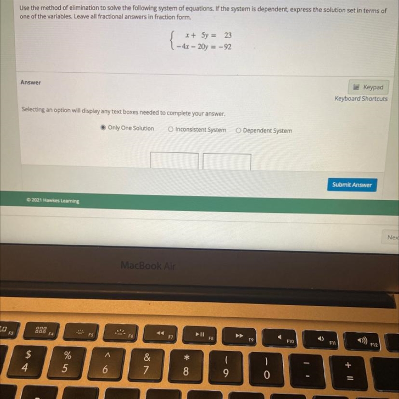 use the method of elimination to solve the following system of equations. if the system-example-1