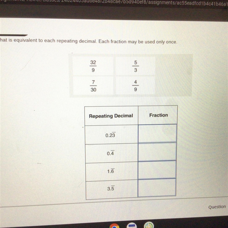 Please help!! You have to drag the the fraction to each repeating decimal-example-1