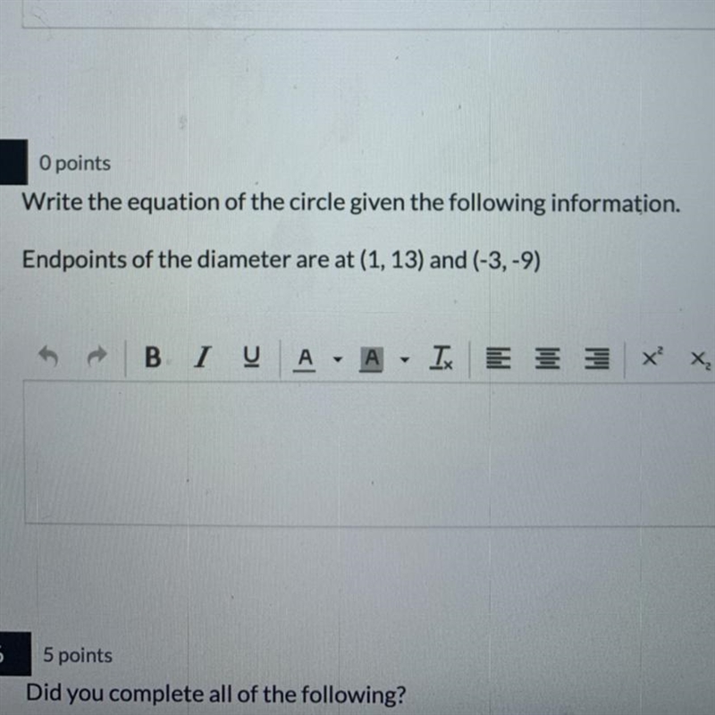 Write the equation of the circle given the following information-example-1