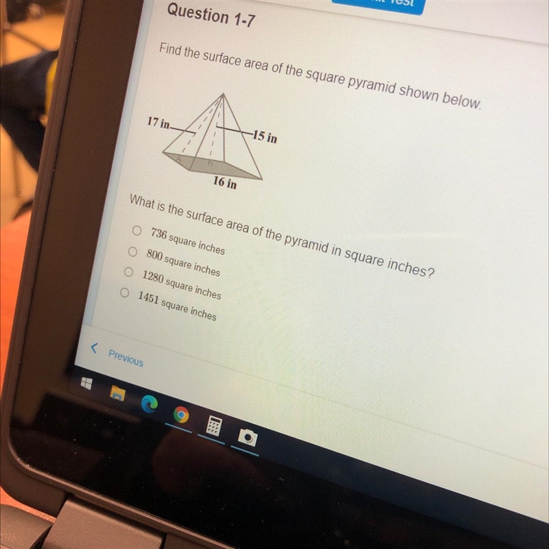 Find the surface area of the square pyramid shown below. 17 in -15 in 16 in What is-example-1