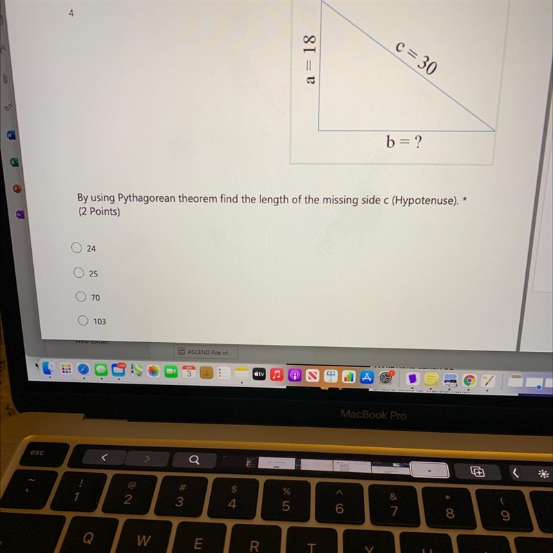 c=30a= 18b?By using Pythagorean theorem find the length of the missing side e (Hypotenuse-example-1