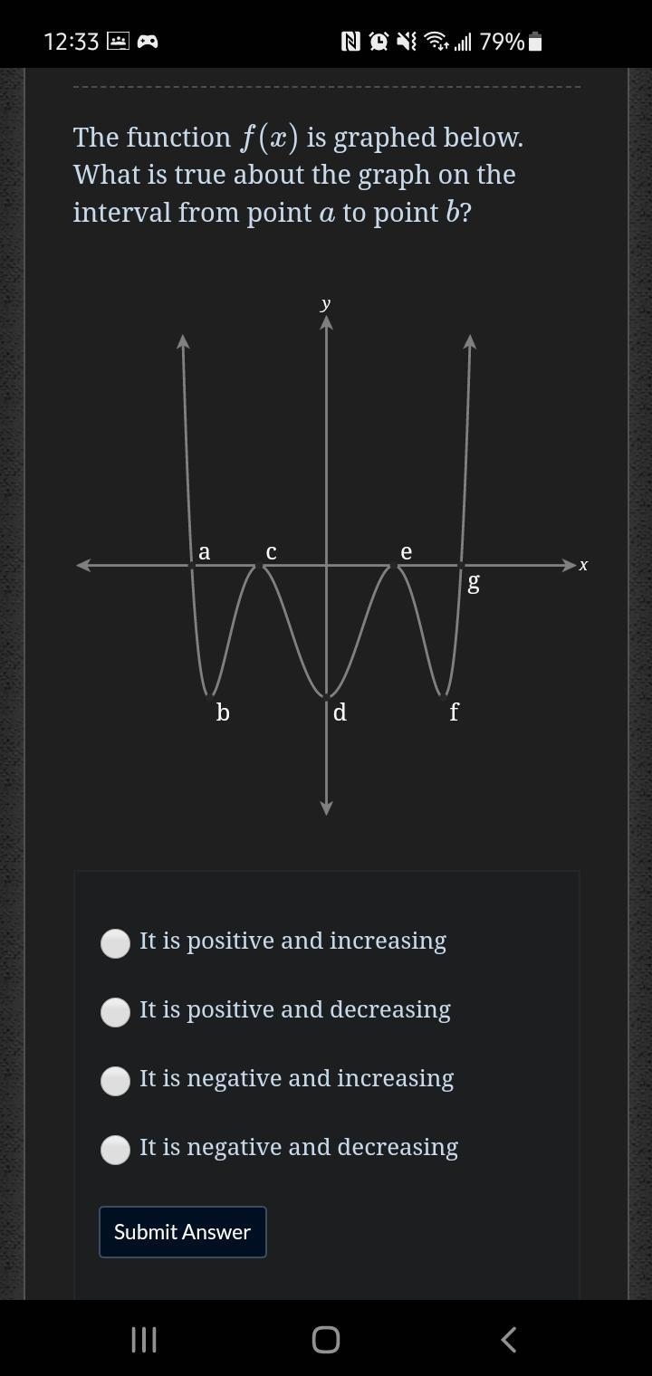 The function f(x)f(x) is graphed below. What is true about the graph on the interval-example-1