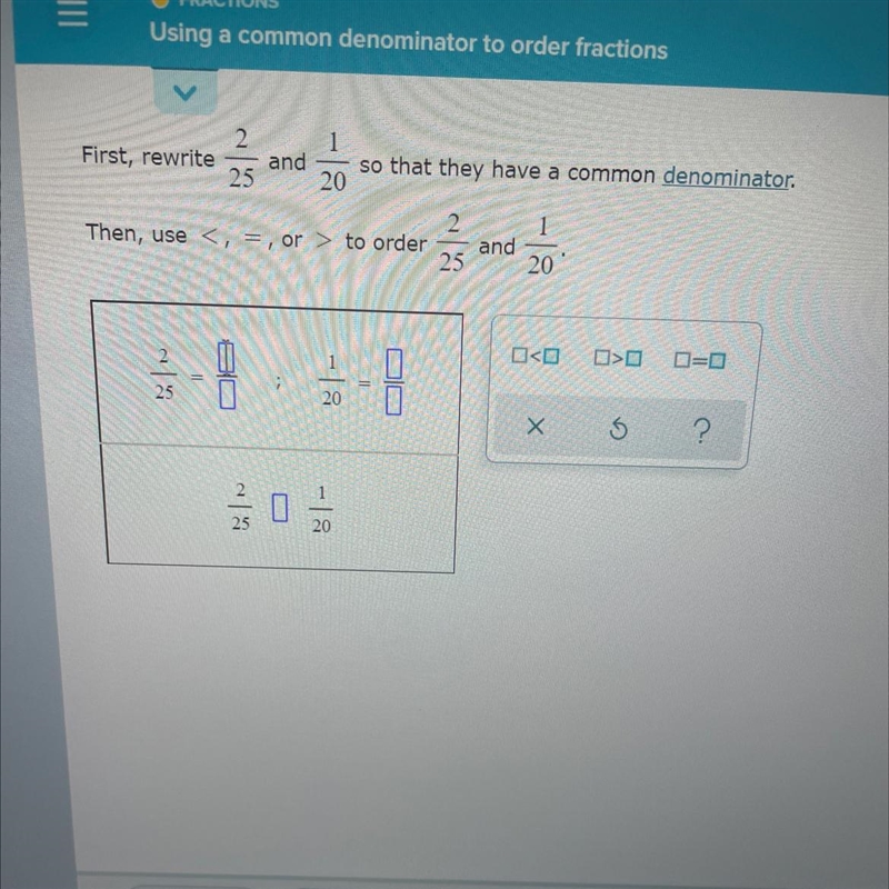 First rewrite 2/5 and 1/20 so that they have a common denominator-example-1