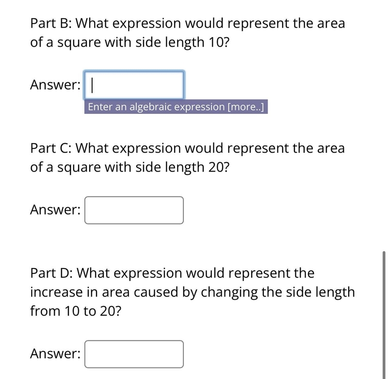 Urgent Please! • What expression would represent the area of a square with side length-example-1