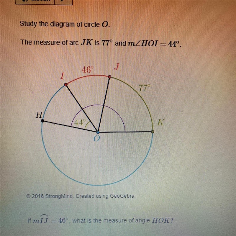 Study the diagram of circle O. The measure of arc JK is 77º and mZHOI = 44º. 46 J-example-1