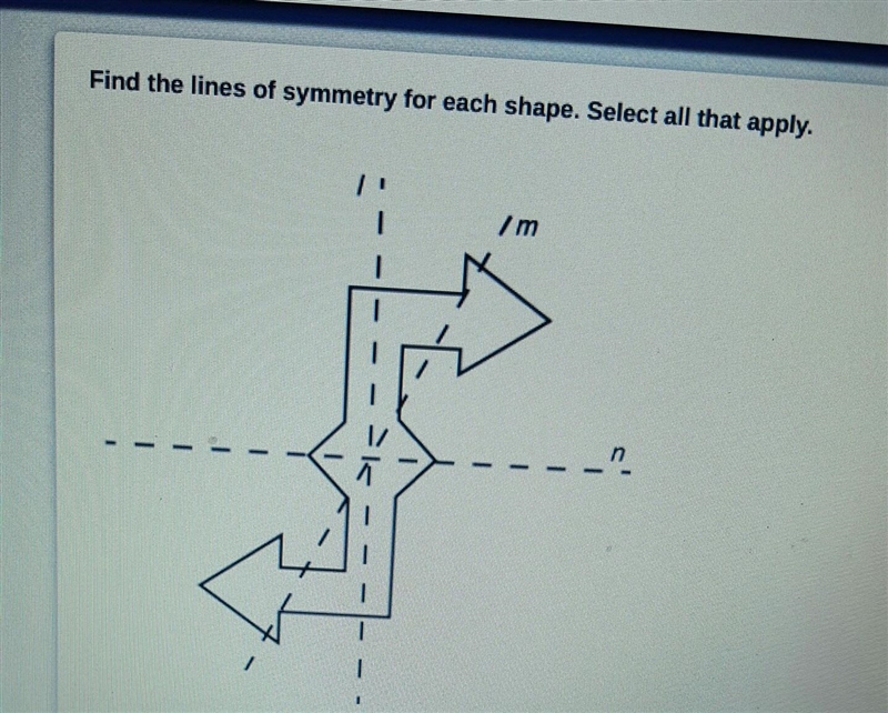 Find the lines of symmetry for each shape. Select all that apply. .A.lb.mc.nd.none-example-1