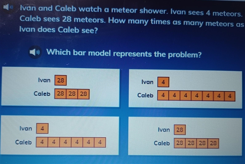 Ivan and Caleb watch a meteor shower. Ivan sees 4 meteors. Caleb sees 28 meteors. How-example-1