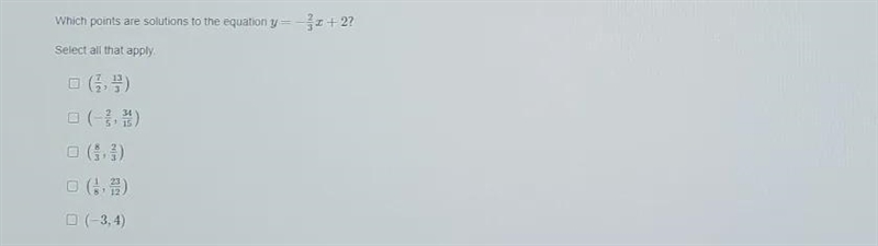 Which points are solutions to equation y = - 2/3x + 2?select all that apply-example-1