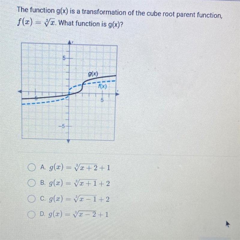 The function g(x) is a transformation of the cube root parent function,f(x) = y. What-example-1