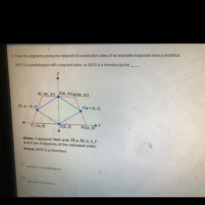 Prove the segments joining the midpoint if consecutive sides of an isosceles trapezoid-example-1