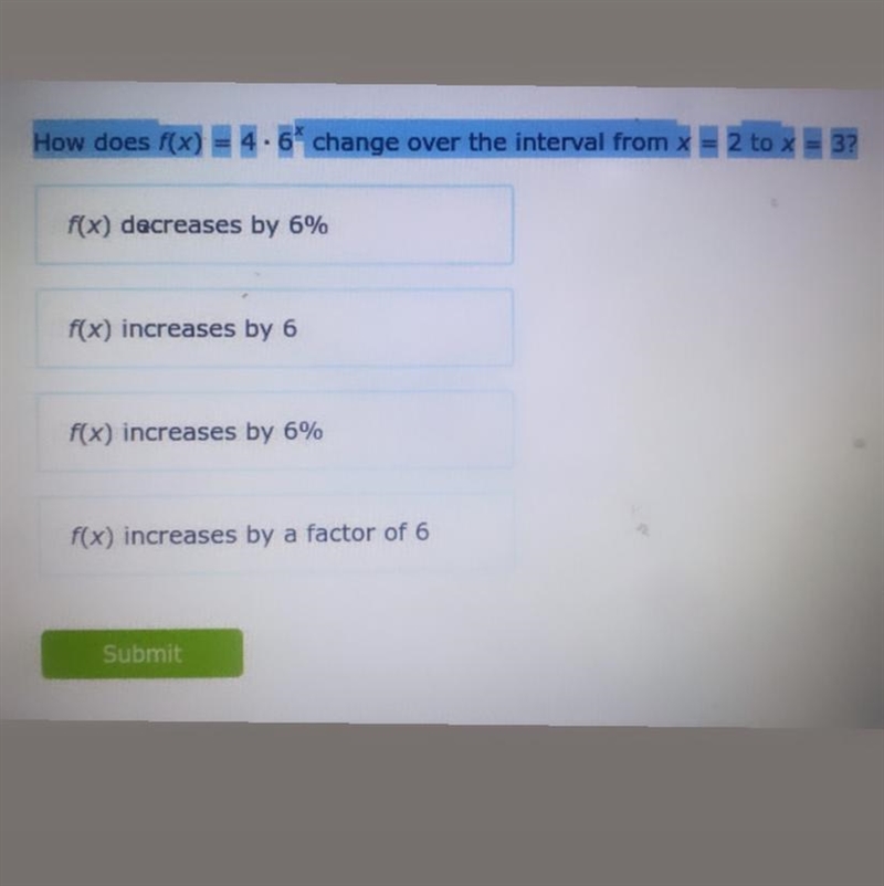 How does ((x) = 4 • 6^x change over the interval from x=2 to x=3-example-1