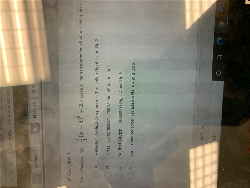 For the function, f(x)1/3(x - 4)^2 + 2, choose all the transformations that are taking-example-1