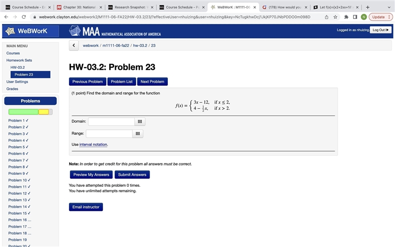 Find the domain and range for the function f(x)={3x−1/2,4−12x,if x≤2,if x>2.-example-1