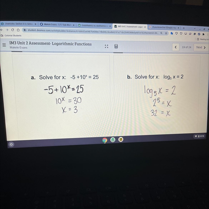 Kim solved the two logarithmic equations below.Analyze her work and make any corrections-example-1