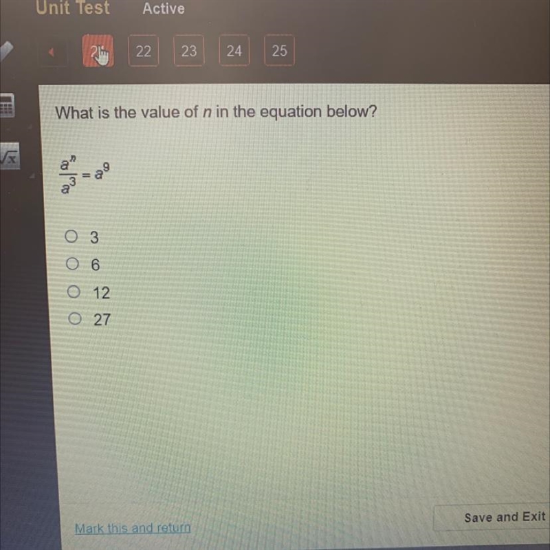 21 22 23 24 25 What is the value of n in the equation below? هاد 9 = O 3 O 6 0 12 27-example-1