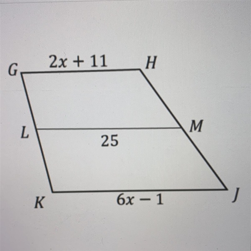 For trapezoid GHJK, L and M are the midpoints of the legs. Find KJ-example-1