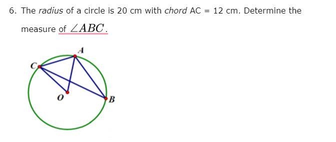 The radius of a circle is 20 cm with chord AC = 12 cm. Determine the measure of .-example-1