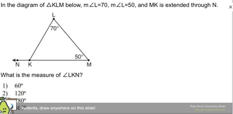 In the diagram of △KLM below, m∠L=70, m∠M=50, and MK is extended through N.What is-example-1