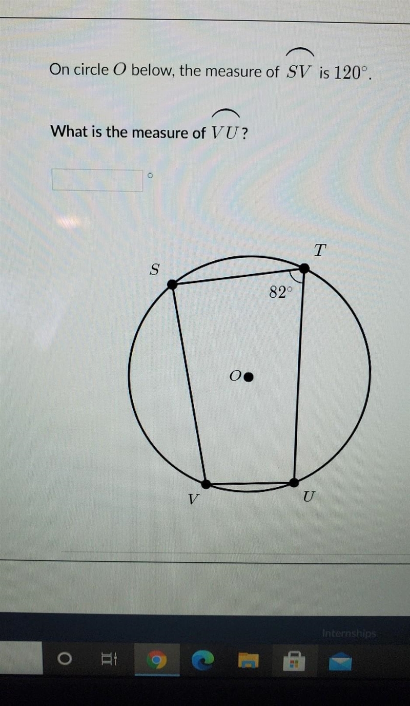 On circle o below the measure of sv is 120 degrees. what is the measure of vu?-example-1