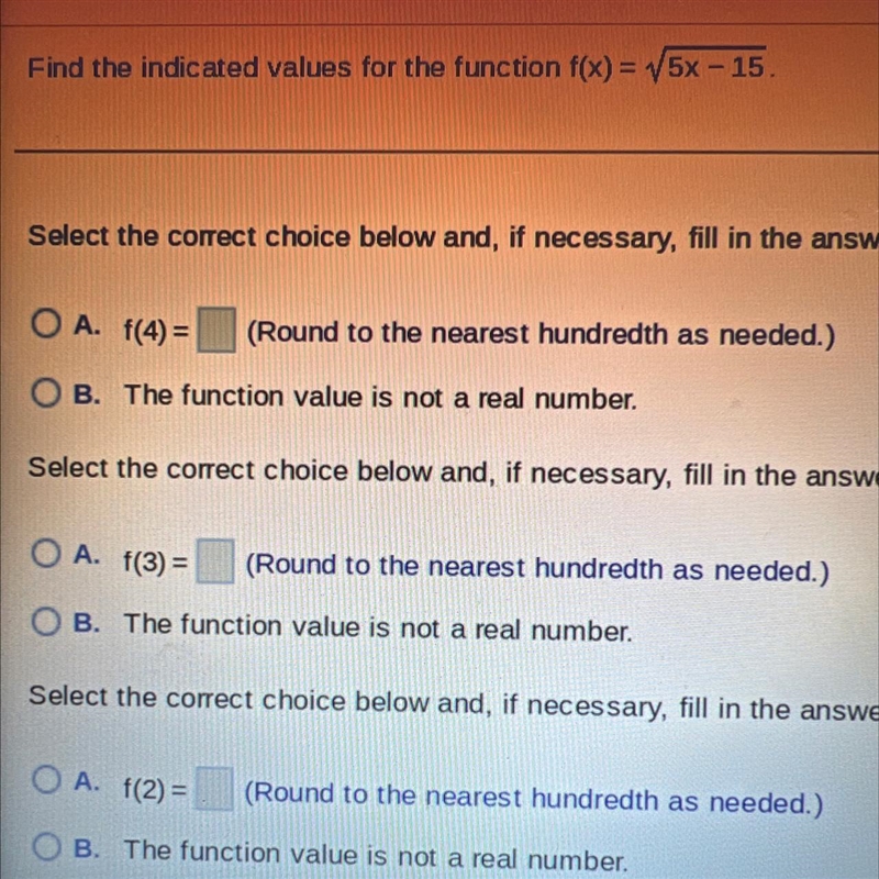 Find the indicated values for the function f(x)= Answer all that is shown-example-1