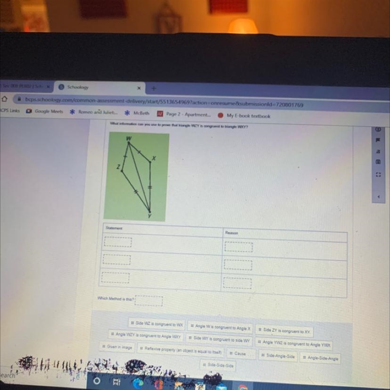 What information can you use to prove that triangle WZY is congruent to triangle WXY-example-1