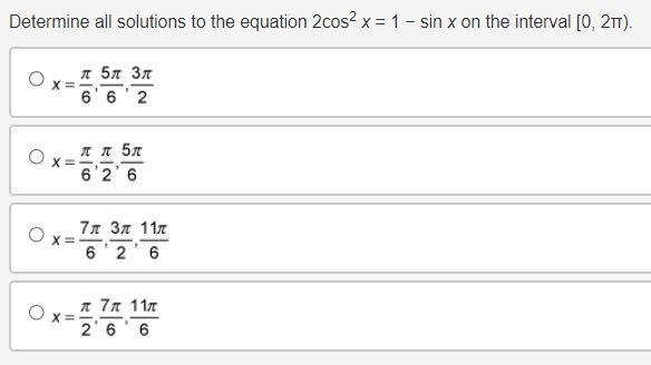 Determine all solutions to the equation 2cos2 x = 1 − sin x on the interval [0, 2π).-example-1