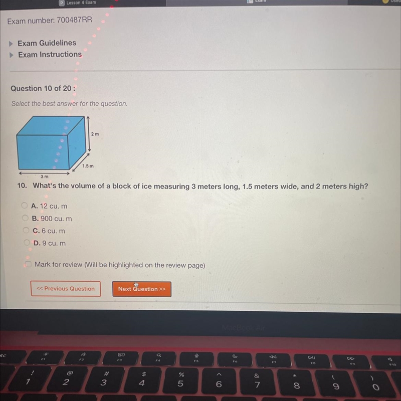 10. What's the volume of a block of ice measuring 3 meters long, 1.5 meters wide, and-example-1