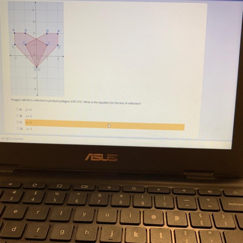 mQBOA y=0O B. X= 0OC x=2OD. y=1241-0-3DID-20Bmynations in a Plane: Mastery TestPolygon-example-1