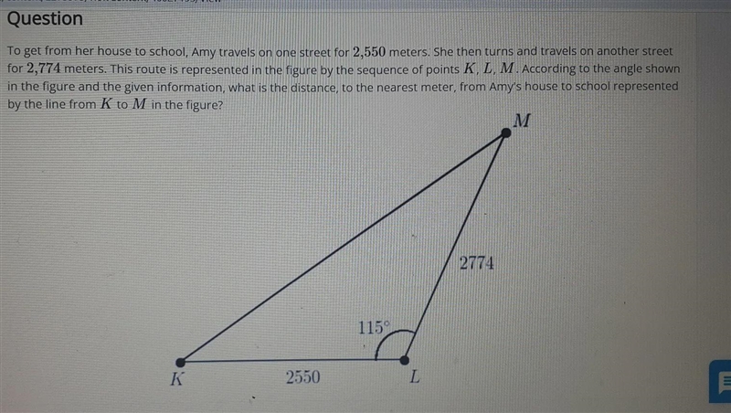 To get from her house to school, Amy travels on one street for 2,550 meters. She then-example-1