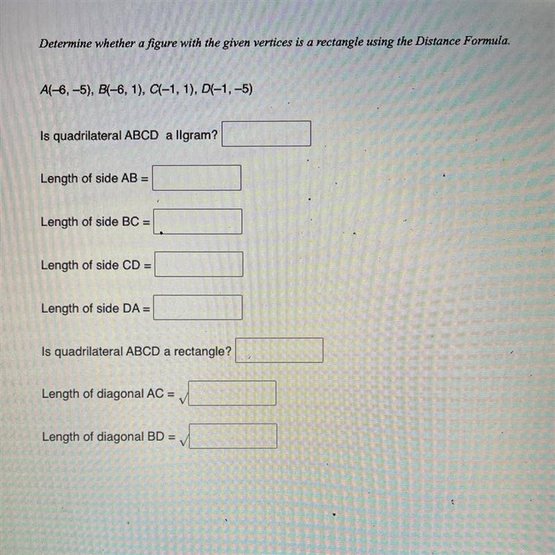 Determine whether a figure with the given vertices is a rectangle using the distance-example-1