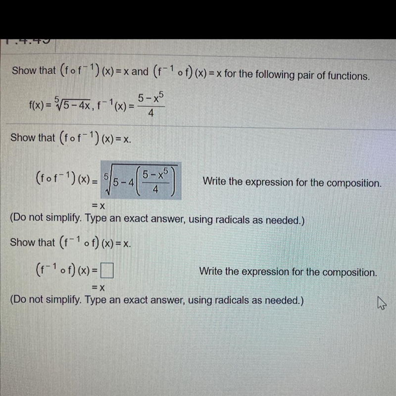 Show that (fof-1) (x)=x and (F-1 of)(x) = x for the following pair of functions.f-example-1