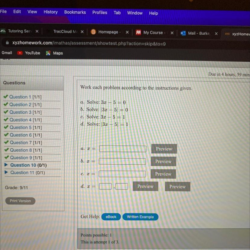 Work each problem according to the instructions given.a. Solve: 3x - 5 = 0b. Solve-example-1