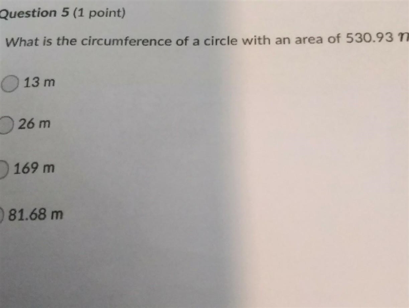 What is the circumference of a circle with an area of 530.93m^2?-example-1