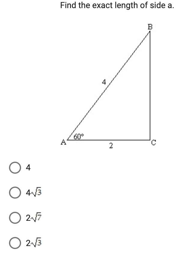 Find the exact length of side a select a,b,c or d from the pictures, please help!-example-2