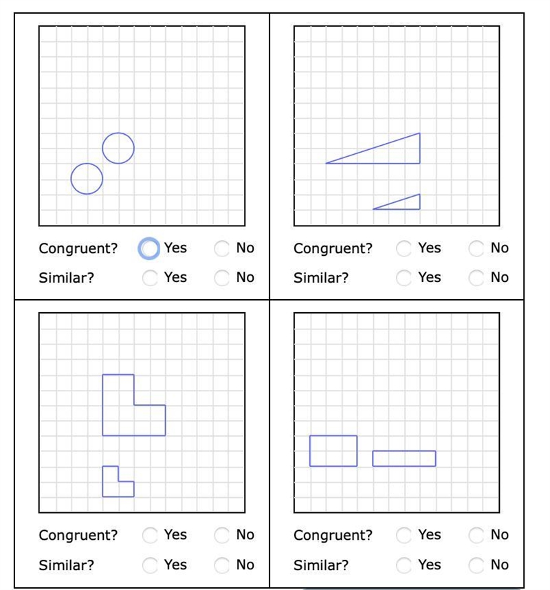 Which pairs of figures are congruent? Which pairs are similar?The first question.-example-1