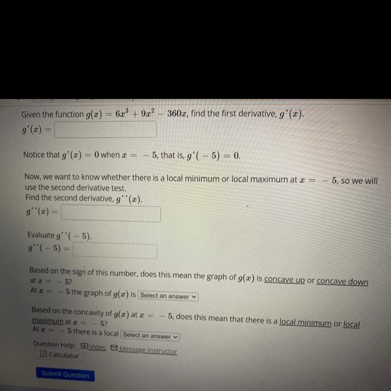 Given the function g(x) = 6x ^ 3 + 9x ^ 2 - 360x , find the first derivative, g^ prime-example-1